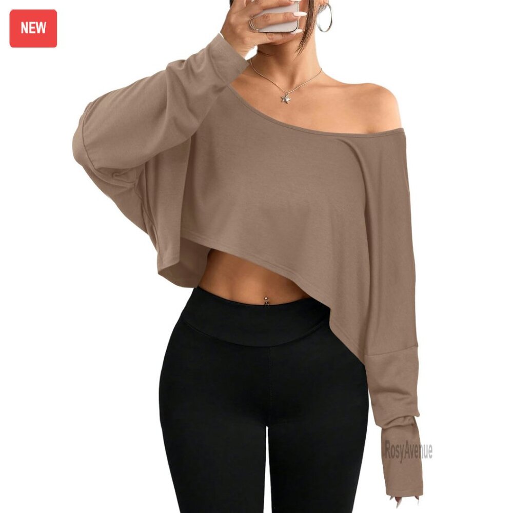 Off Shoulder Long Sleeve Crop Top Boat Neck Loose Fit T-Shirt